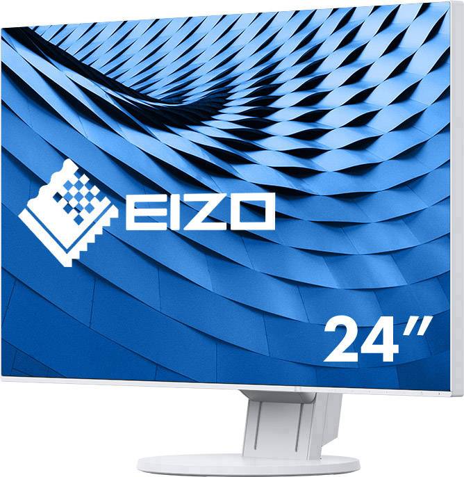 Un écran d'ordinateur bleu avec un motif géométrique et l'inscription 'EIZO 24"'.