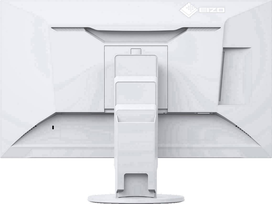 Vue arrière d'un écran d'ordinateur blanc sur un support réglable.