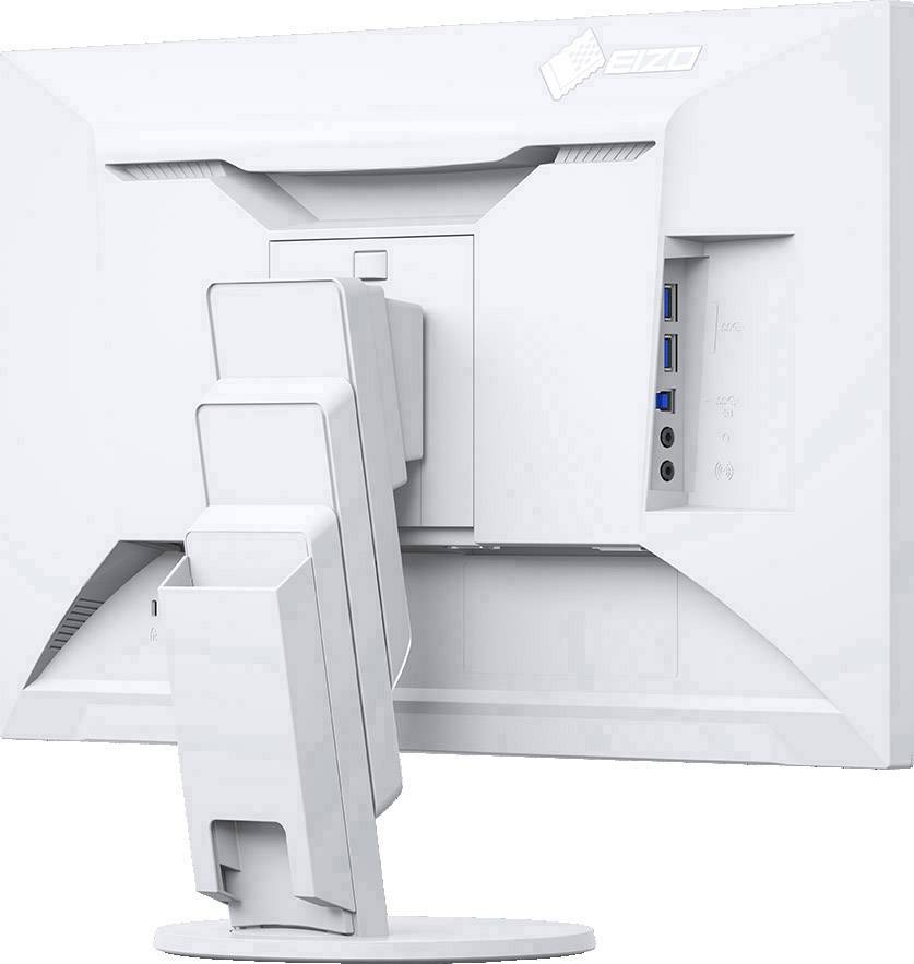 Vue arrière d'un écran d'ordinateur blanc avec un pied réglable et plusieurs ports USB sur le côté droit à l'arrière.