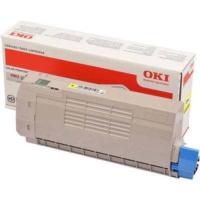 Cartouche de toner de 'Oki Printing Solutions' en beige avec un capuchon bleu, placée devant sa boîte d'emballage.