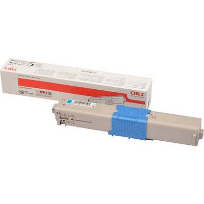 Une cartouche de toner originale de la marque OKI, modèle Cyan. Elle est présentée dans un emballage simple avec des accents rouges et bleus.