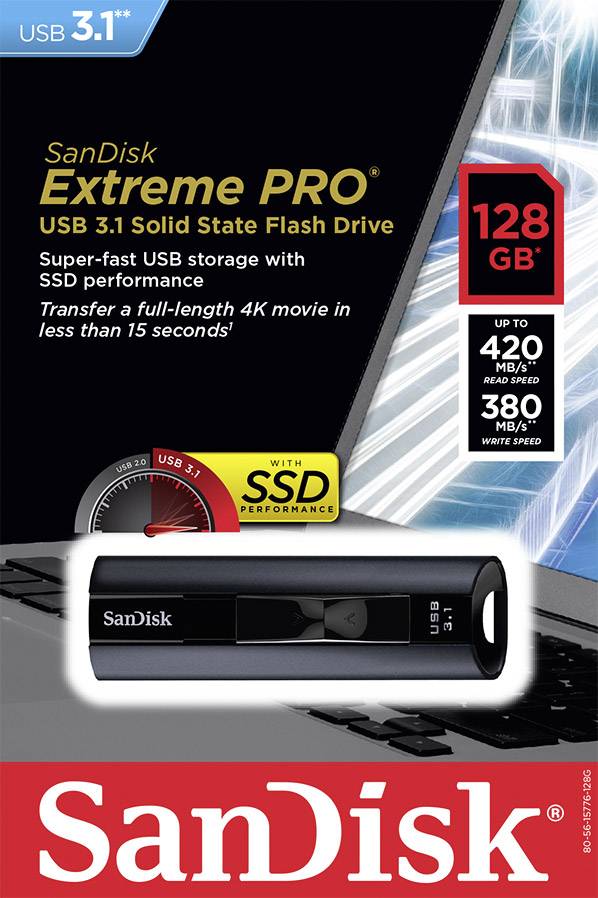Le SanDisk Extreme PRO USB 3.1 Solid State Flash Drive fait la promotion d'un stockage USB ultra-rapide avec des performances de SSD. Capacité : 128 Go, Vitesse : jusqu'à 420 Mo/s.