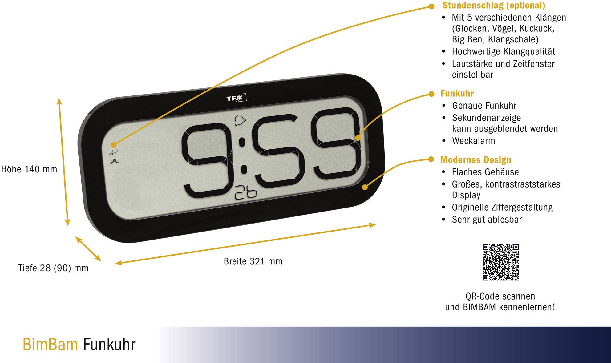 Horloge numérique radio-pilotée avec grand affichage indiquant '9:59'. Fonctions : horloge radio précise, alarme. Design moderne, matériaux robustes.