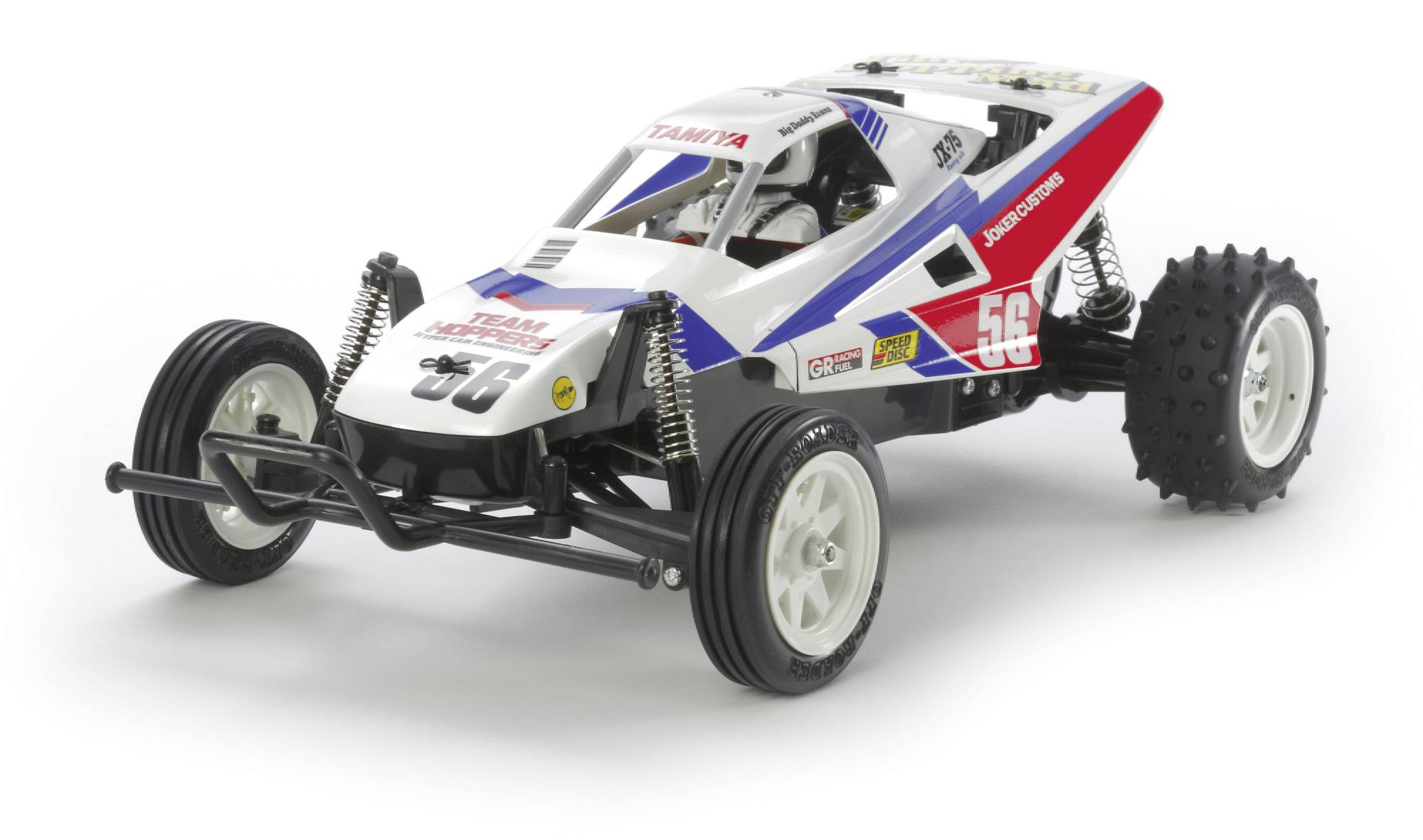 Une voiture télécommandée de style buggy avec le numéro '56' sur le côté, des accents de couleur blancs et bleus, et de grandes roues tout-terrain.