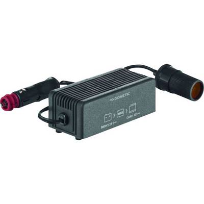 Un convertisseur de tension rectangulaire de Dometic avec deux câbles de connexion, à connecter à une prise d'automobile.