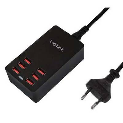 Chargeur noir avec sept ports USB et fiche européenne ; marquage 'LogiLink' sur la surface.