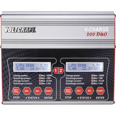 Chargeur avec deux affichages numériques indiquant 'LiPo DCHG 3,7V' et le courant de charge/décharge ; touches de contrôle et de réglage de l'affichage.
