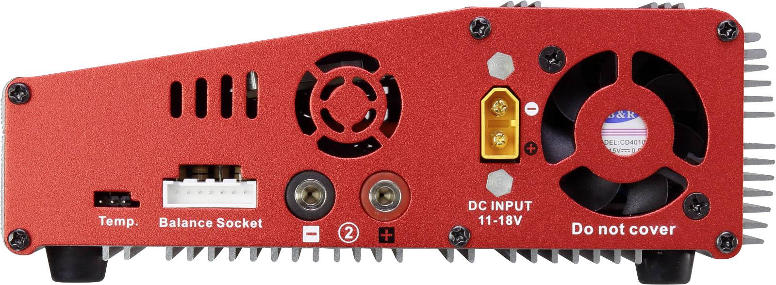 Arrière d'un chargeur rouge avec des grilles de ventilation, une connexion de température, un port d'équilibrage et une entrée CC de 11-18 V.