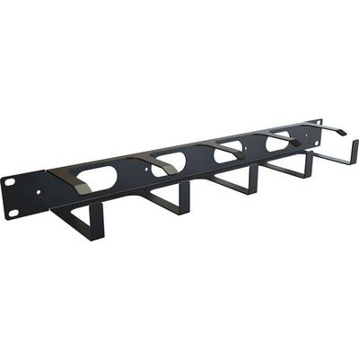 Gestionnaire de câbles noir pour un acheminement propre des câbles dans un système de rack, doté de plusieurs crochets et supports.