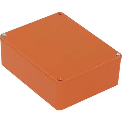 Un boîtier rectangulaire orange aux coins arrondis, percé de quatre trous de vis, utilisé pour les composants électroniques.