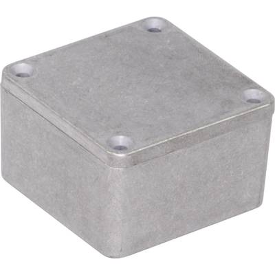 Un boîtier métallique argenté rectangulaire aux angles arrondis, comportant quatre trous de vis dans les coins sur sa face supérieure.