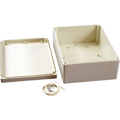 Un boîtier rectangulaire en plastique beige avec un couvercle retiré. À côté, des vis et des câbles. Adapté pour les composants électroniques.