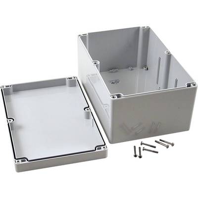 Boîtier en plastique gris avec couvercle retiré et vis à côté, adapté pour des composants électriques ou électroniques.