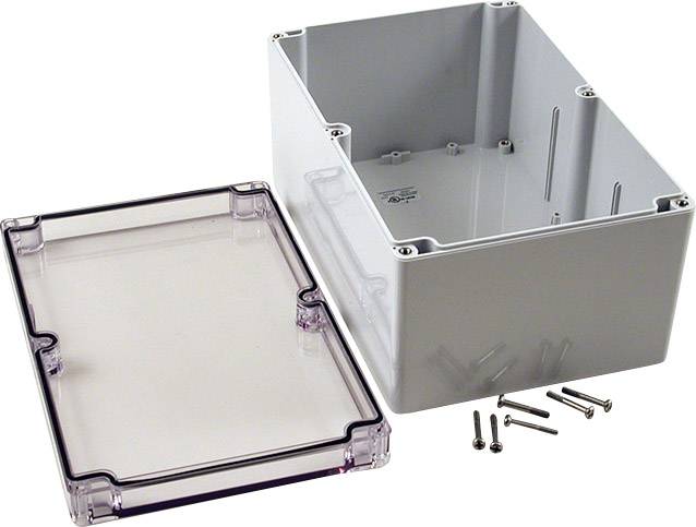 Boîtier en plastique avec couvercle transparent, ouvert ; à côté, six vis.