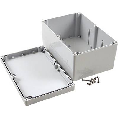 Boîtier en plastique gris ouvert, sans couvercle, avec quatre vis à côté. Adapté pour le rangement de composants électroniques.