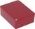 Boîtier métallique rouge, rectangulaire avec des coins arrondis et quatre trous de vis, probablement destiné à des composants électroniques.