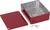 Boîtier métallique rouge, rectangulaire, avec couvercle retiré et quatre vis. Adapté pour des projets électroniques.
