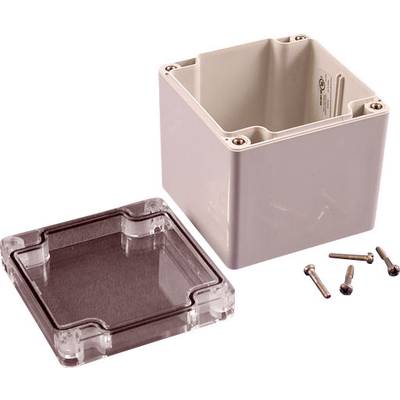 Boîtier industriel blanc avec son couvercle transparent retiré et quatre vis disposées à côté, adapté aux installations électriques.