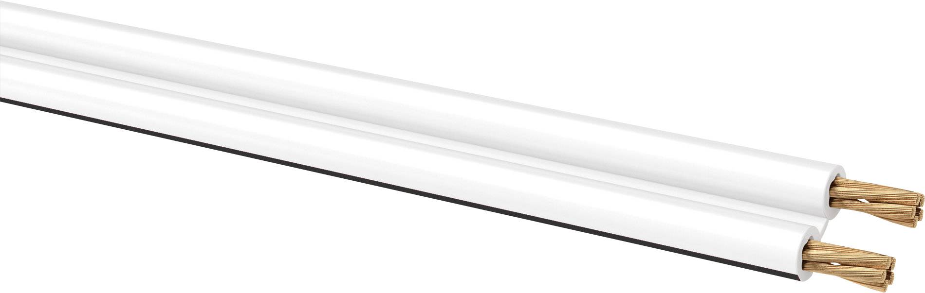 Câbles d'enceintes blancs avec brins de cuivre visibles, adaptés pour connecter des enceintes à un amplificateur audio.