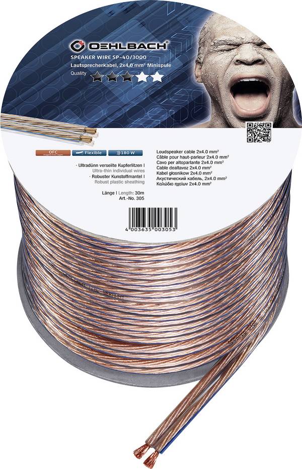 Oehlbach 305 Câble haut-parleur  2 x 4 mm² + 2 x 4 mm² transparent 30 m
