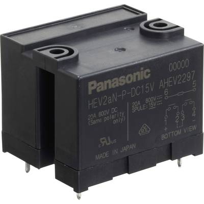 Un relais Panasonic noir avec des contacts enfichables argentés, sur lequel sont imprimées des spécifications techniques et l'origine de la marque.