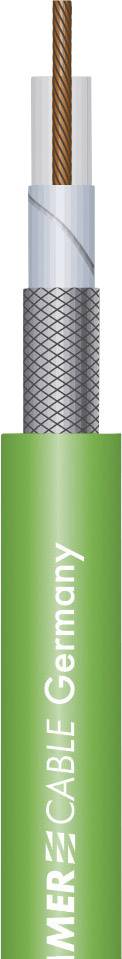 Câble coaxial vert portant la mention 'MIELE CABLE Germany', avec un conducteur interne en cuivre visible et une couche isolante.