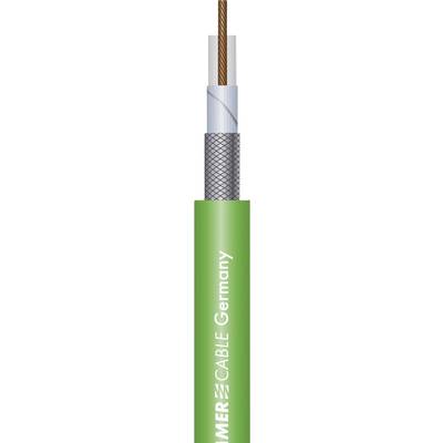 Câble coaxial vert portant la mention 'MIELE CABLE Germany', avec un conducteur interne en cuivre visible et une couche isolante.