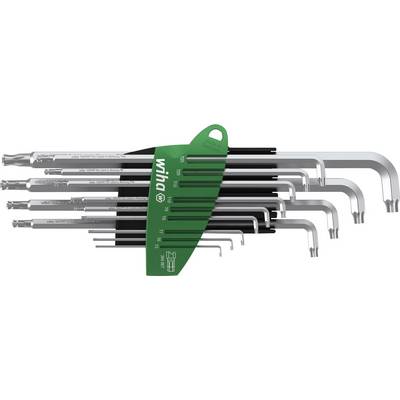 Jeu de huit clés polygonales de différentes tailles, disposées dans un support vert, marqué 'Wiha'.