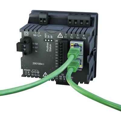 Un module industriel avec plusieurs ports et des câbles Ethernet verts, adapté pour la communication Profinet dans les réseaux industriels.