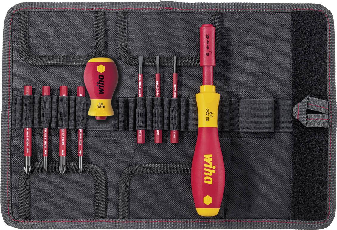 Un ensemble d'outils composé de plusieurs tournevis et embouts, soigneusement organisé dans une pochette à outils noire ouverte.