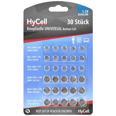 HyCell Jeu de piles bouton 5X AG 1, AG 3, AG 4, AG 10, AG 12, AG 13