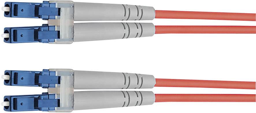 Deux câbles à fibre optique rouges avec des connecteurs bleus, qui sont disposés parallèlement l'un à l'autre.
