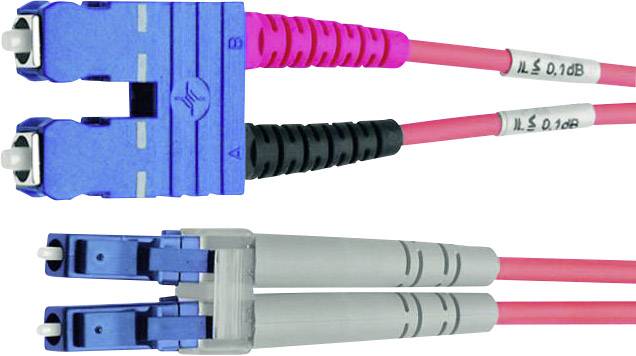 'Câbles de raccordement à fibre optique standardisés en duplex avec connecteurs LC/SC en bleu et gris, adaptés aux transmissions de données à haut débit.'