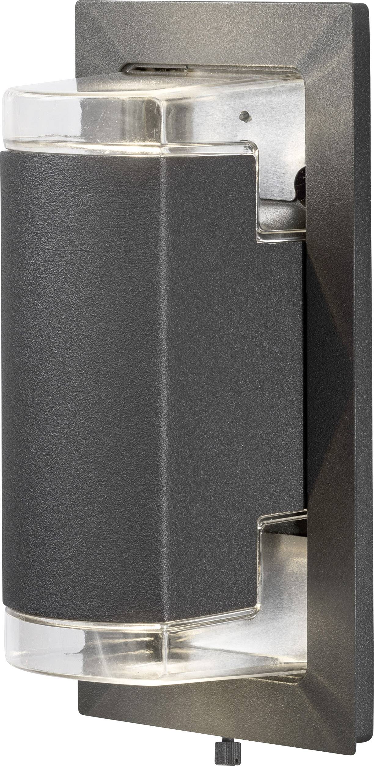 Applique murale au design moderne, boîtier noir et couvercles supérieur et inférieur transparents pour un éclairage bidirectionnel.
