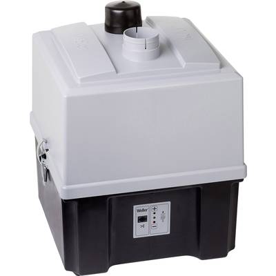 Un appareil électrique de filtration d'air avec un boîtier de base noir et un couvercle gris, doté en haut d'un raccordement pour tuyaux.