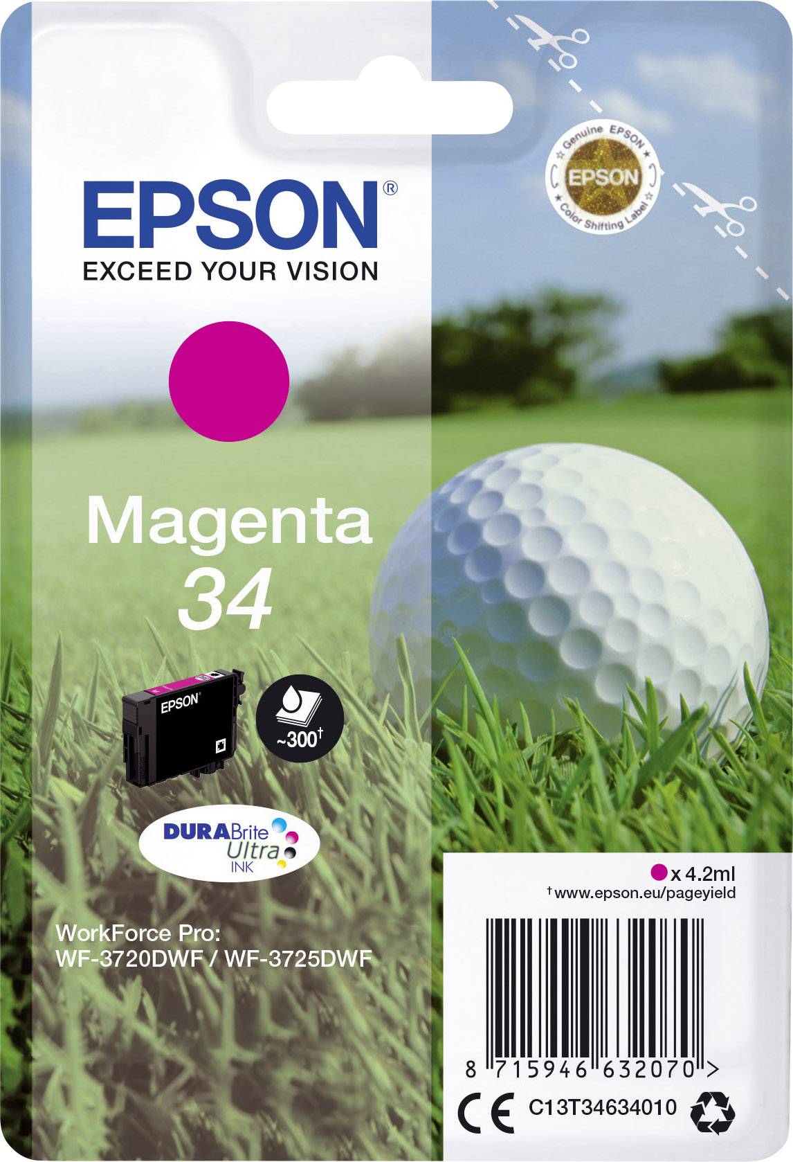 Cartouche d'encre Epson Magenta 34 pour les modèles d'imprimantes WF-3720DWF et WF-3725DWF ; sur l'emballage est représenté un ballon de golf sur de l'herbe.