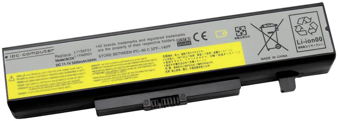 Un accumulateur rectangulaire pour ordinateur portable avec plusieurs étiquettes, notamment 'Li-ion00' et 'Made in China'. Contient des symboles de recyclage.