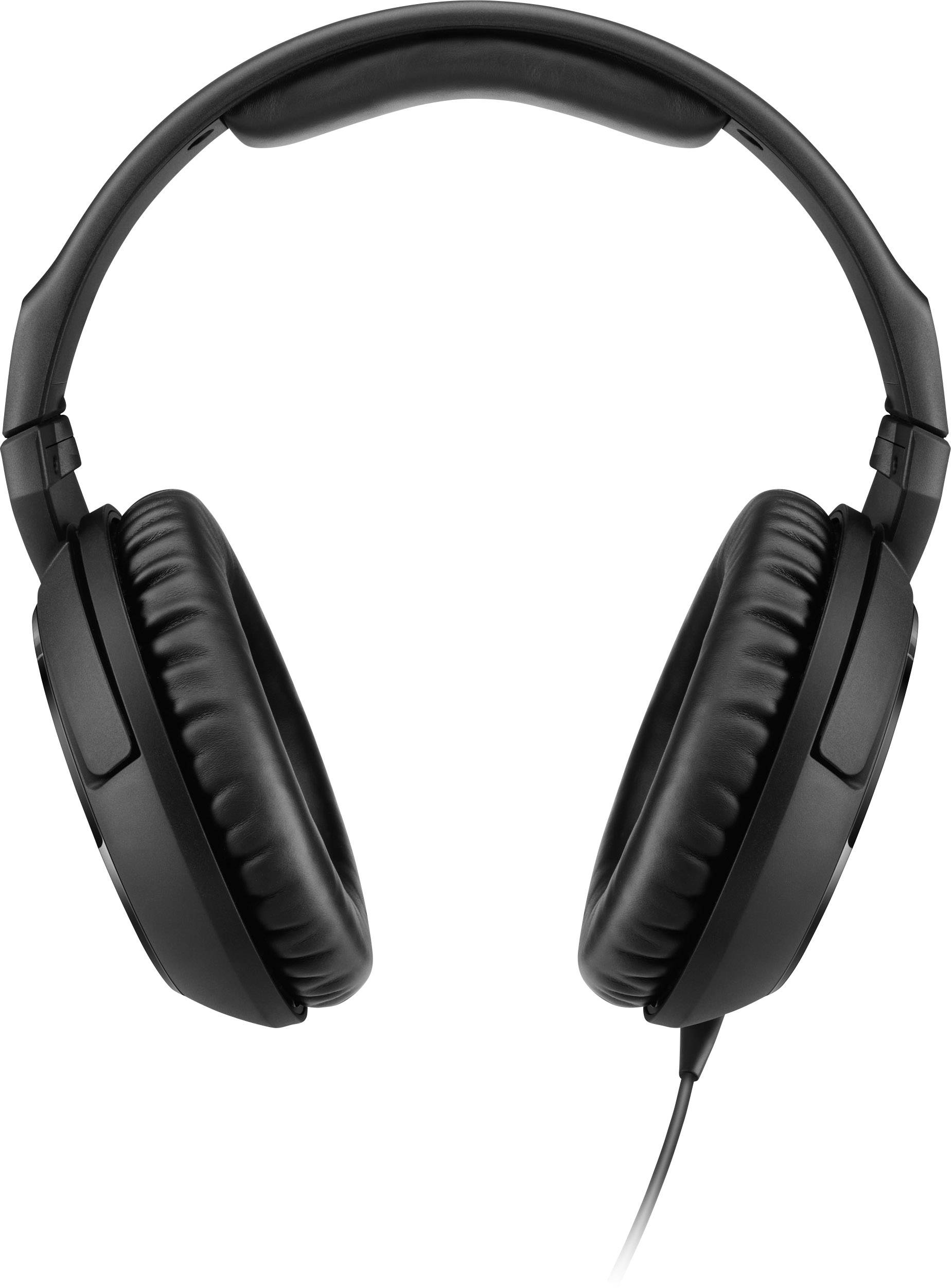 Casque noir à écouteurs supra-auriculaires avec fil, vu de dessus. Destiné à l'écoute de musique ou à l'isolation acoustique.