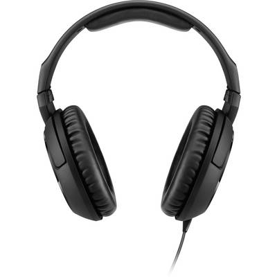 Casque noir à écouteurs supra-auriculaires avec fil, vu de dessus. Destiné à l'écoute de musique ou à l'isolation acoustique.