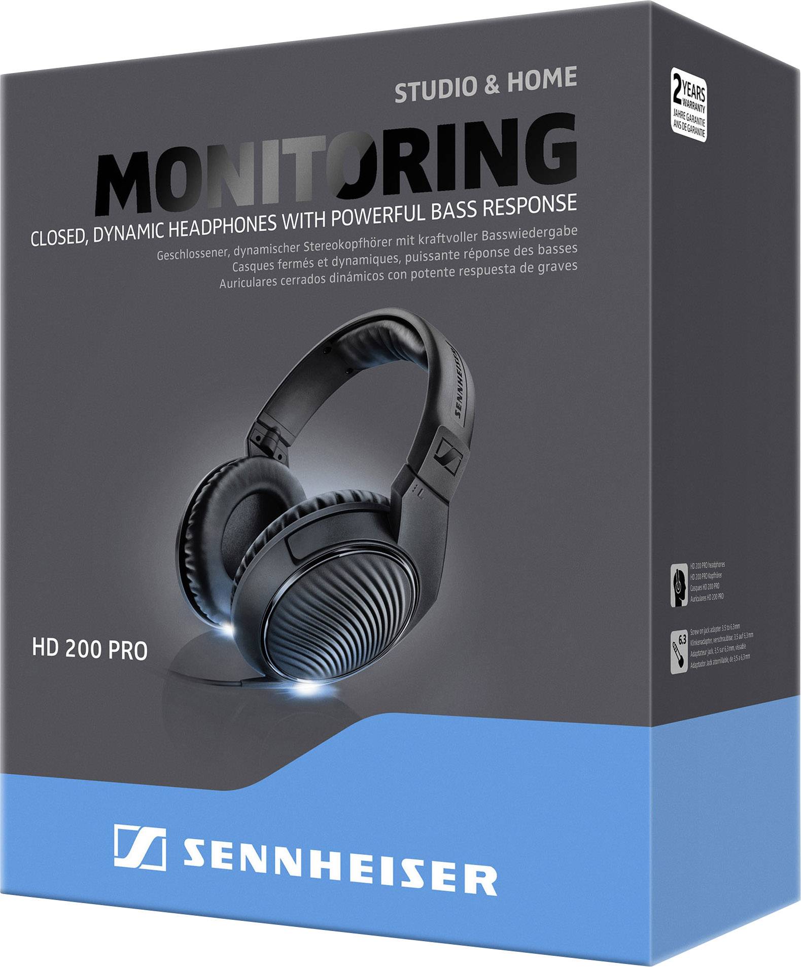Casque audio circumauriculaires noirs Sennheiser, modèle HD 200 PRO, illustré sur l'emballage. Le texte met en avant sa conception fermée et sa reproduction des basses puissante.