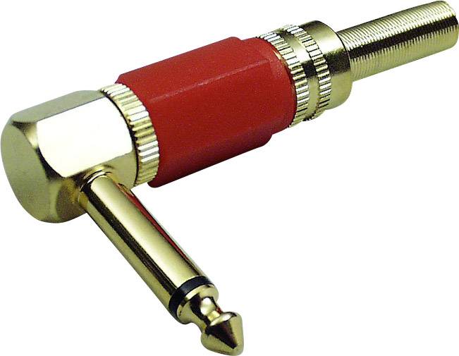 'Connecteur jack coudé doré 6,3 mm avec boîtier en plastique rouge et écrous moletés.'