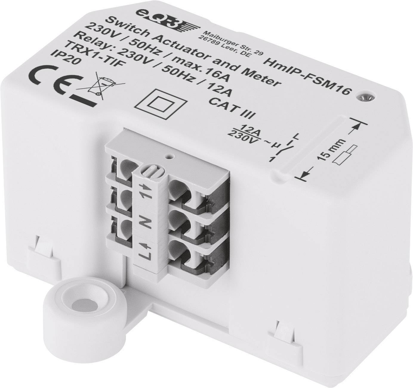 Un actionneur de commutation électrique avec fonction de mesure intégrée pour 230V, 50Hz, intensité de courant maximale de 16A, classe de protection IP20.