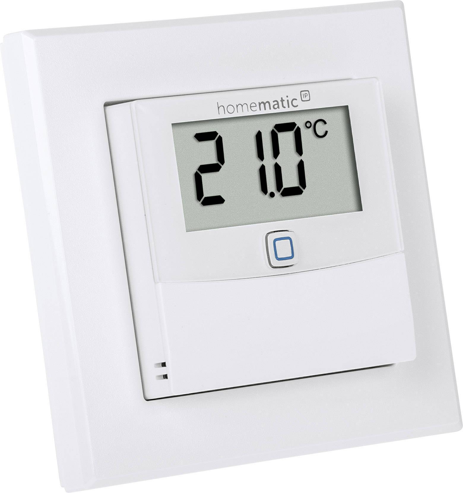 Un thermostat numérique affiche 21,0 degrés Celsius.