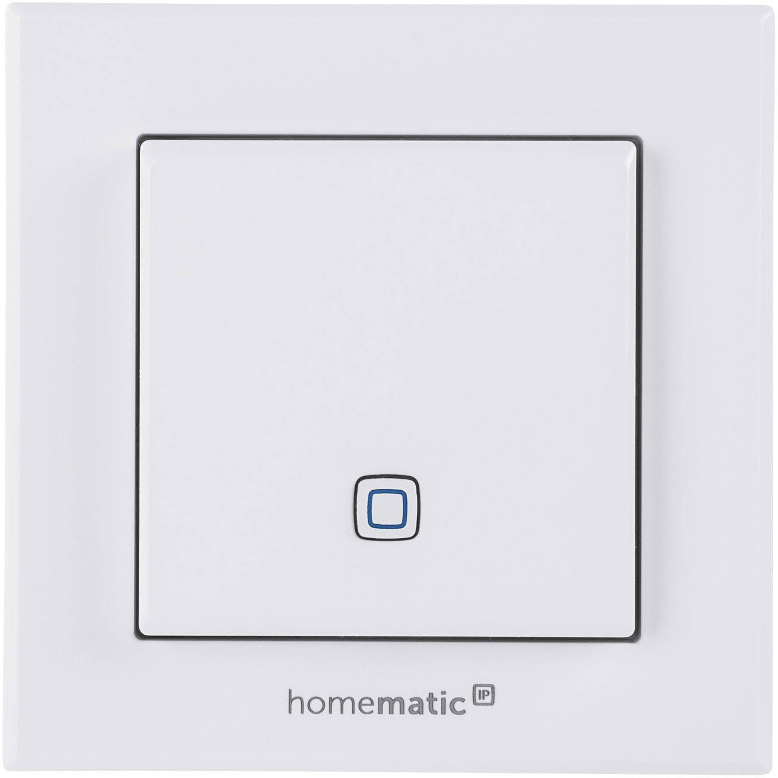 Interrupteurs muraux blancs avec carré LED bleu au centre, marque 'homematic IP'.