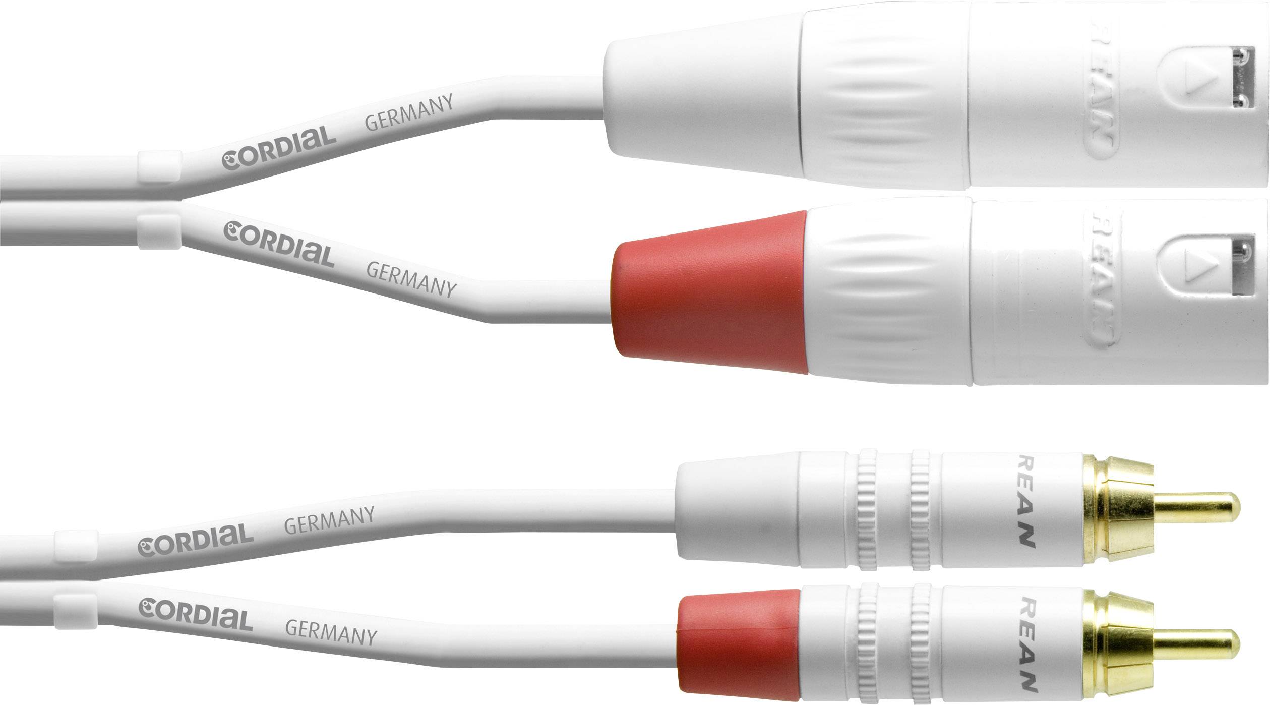 Deux câbles Cinch blancs avec fiches rouge et blanc, étiquetés 'CORDIAL GERMANY' et 'REAN', conçus pour les connexions audio.