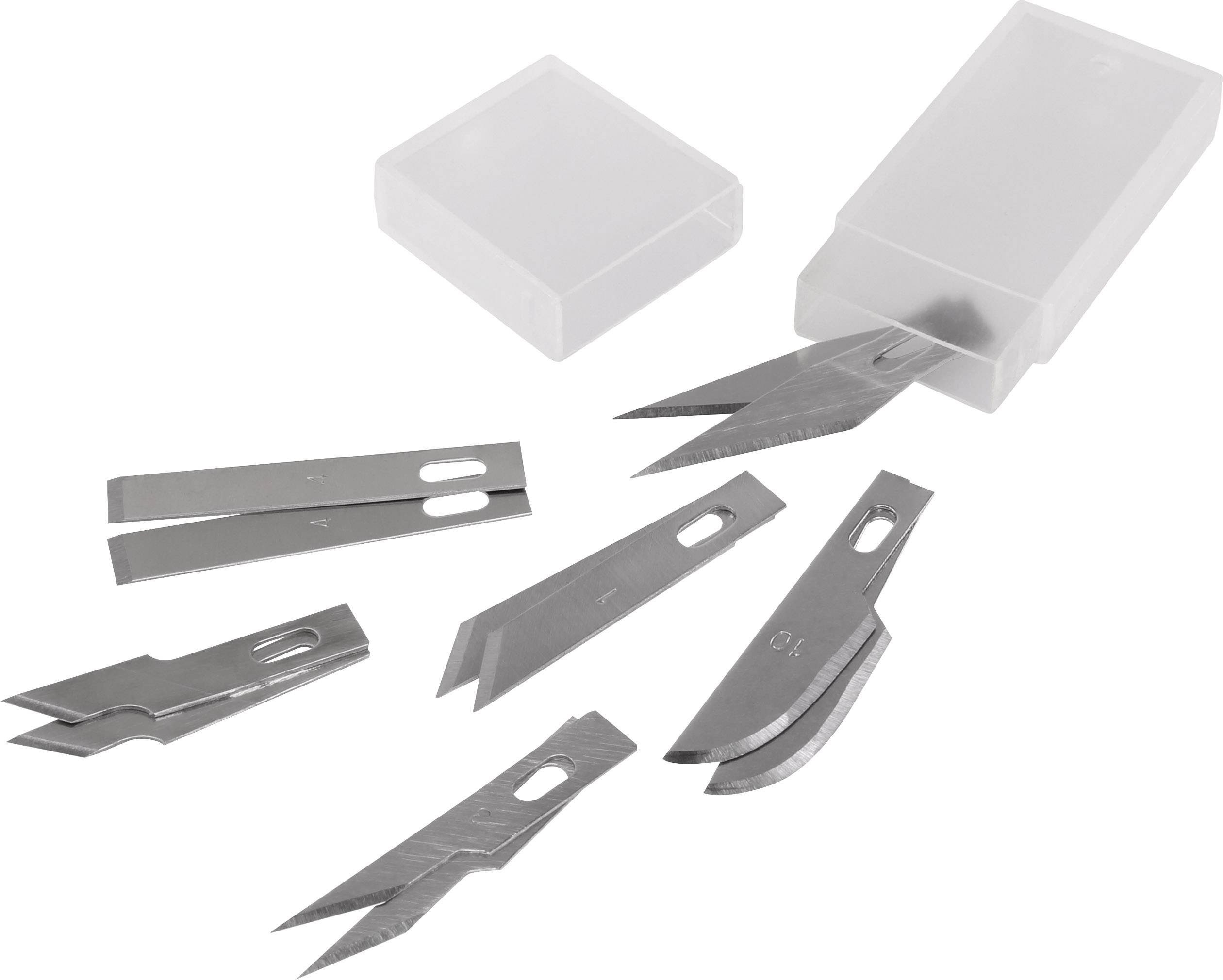 Différentes lames de scalpel et un récipient. Les lames sont en métal et présentent différentes formes pour une coupe précise.