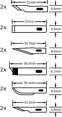 Dessin technique montrant les dimensions et les formes de six composants différents, chacun nécessaire deux fois. Dimensions indiquées en millimètres.