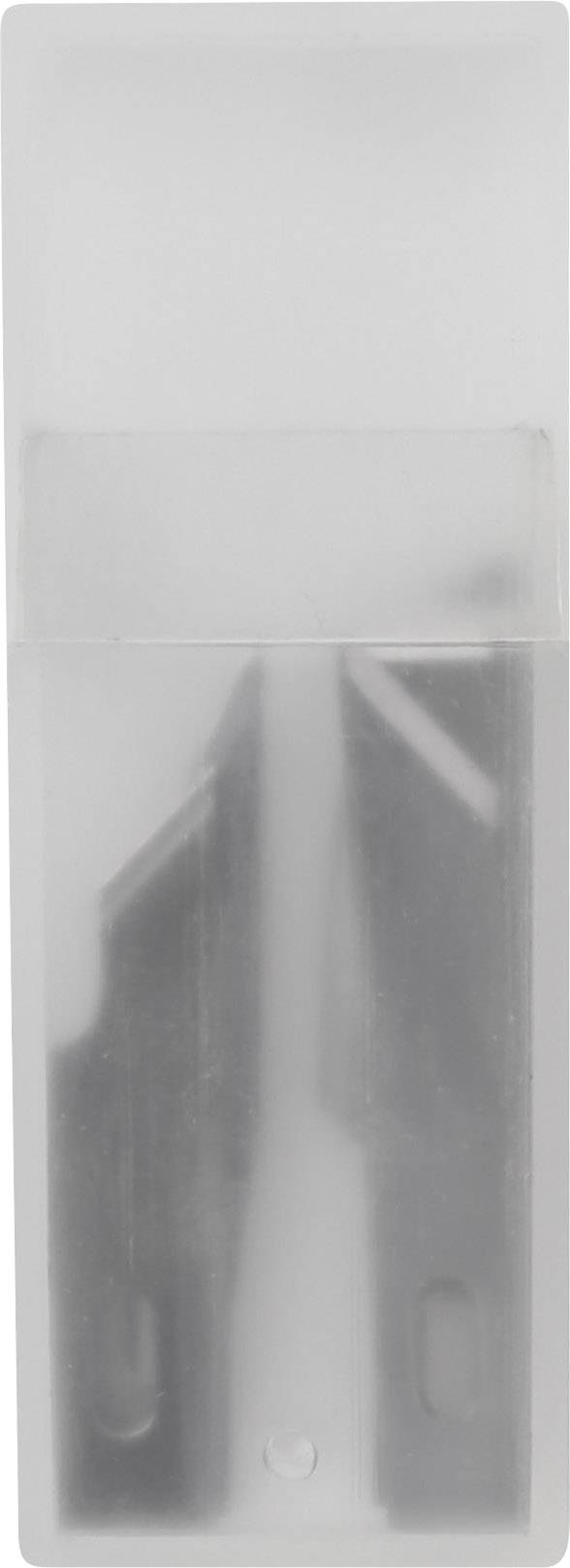 Boîte en plastique avec couvercle transparent, contenant deux lames de rechange en métal.
