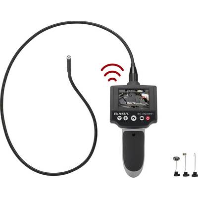 Caméra endoscopique avec câble flexible et écran affichant une vue en direct du compartiment moteur. Des accessoires sont disposés à côté.