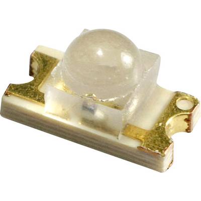 Gros plan d'un petit composant LED rectangulaire avec une lentille transparente en forme de dôme et des connexions dorées.